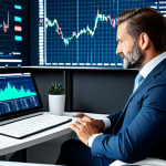 A professional financial advisor, in a modest business suit and appropriate attire, seated at a sleek modern desk in a high-tech financial office. Complex data visualizations are displayed on a large, futuristic screen in the background. The advisor is in a natural pose, interacting subtly with a digital tablet, reflecting the integration of FinTech tools. High-resolution professional photography, soft studio lighting, fully clothed, perfect anatomy, correct proportions, well-formed hands, proper finger count, natural body proportions, safe for work, appropriate content, professional.
