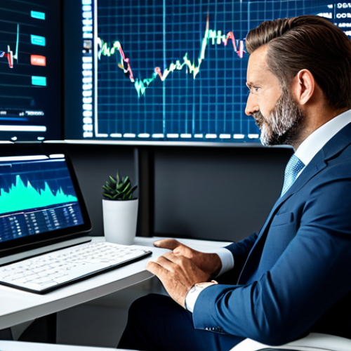 A professional financial advisor, in a modest business suit and appropriate attire, seated at a sleek modern desk in a high-tech financial office. Complex data visualizations are displayed on a large, futuristic screen in the background. The advisor is in a natural pose, interacting subtly with a digital tablet, reflecting the integration of FinTech tools. High-resolution professional photography, soft studio lighting, fully clothed, perfect anatomy, correct proportions, well-formed hands, proper finger count, natural body proportions, safe for work, appropriate content, professional.