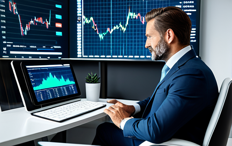 A professional financial advisor, in a modest business suit and appropriate attire, seated at a sleek modern desk in a high-tech financial office. Complex data visualizations are displayed on a large, futuristic screen in the background. The advisor is in a natural pose, interacting subtly with a digital tablet, reflecting the integration of FinTech tools. High-resolution professional photography, soft studio lighting, fully clothed, perfect anatomy, correct proportions, well-formed hands, proper finger count, natural body proportions, safe for work, appropriate content, professional.