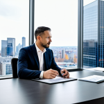 A professional male financial advisor in a modest business suit, gently explaining complex financial concepts to a female client in appropriate business casual attire. They are seated at a sleek, minimalist desk in a modern office with large windows overlooking a city skyline. A tablet screen on the table subtly displays abstract financial charts, indicating digital trends. The mood is one of clarity, trust, and focused collaboration. fully clothed, appropriate attire, safe for work, professional, perfect anatomy, correct proportions, natural pose, well-formed hands, proper finger count, natural body proportions, high quality, professional photography.