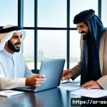 자산관리사와 연금 전문가의 차이 - A professional Middle Eastern financial advisor consulting with a mature Arab couple in a modern off...