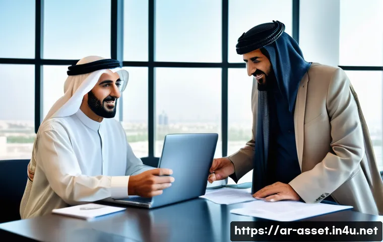 자산관리사와 연금 전문가의 차이 - A professional Middle Eastern financial advisor consulting with a mature Arab couple in a modern off...