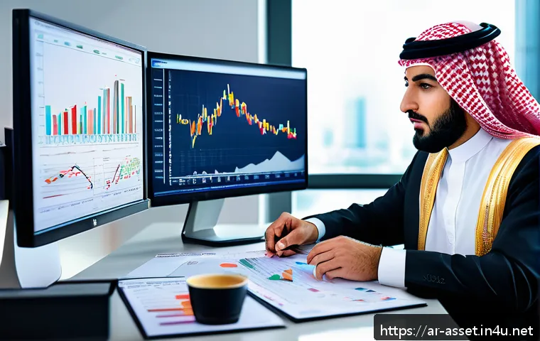 자산관리사 경력 목표 설정 방법 - A professional Middle Eastern asset management expert in a modern office, wearing business attire an...